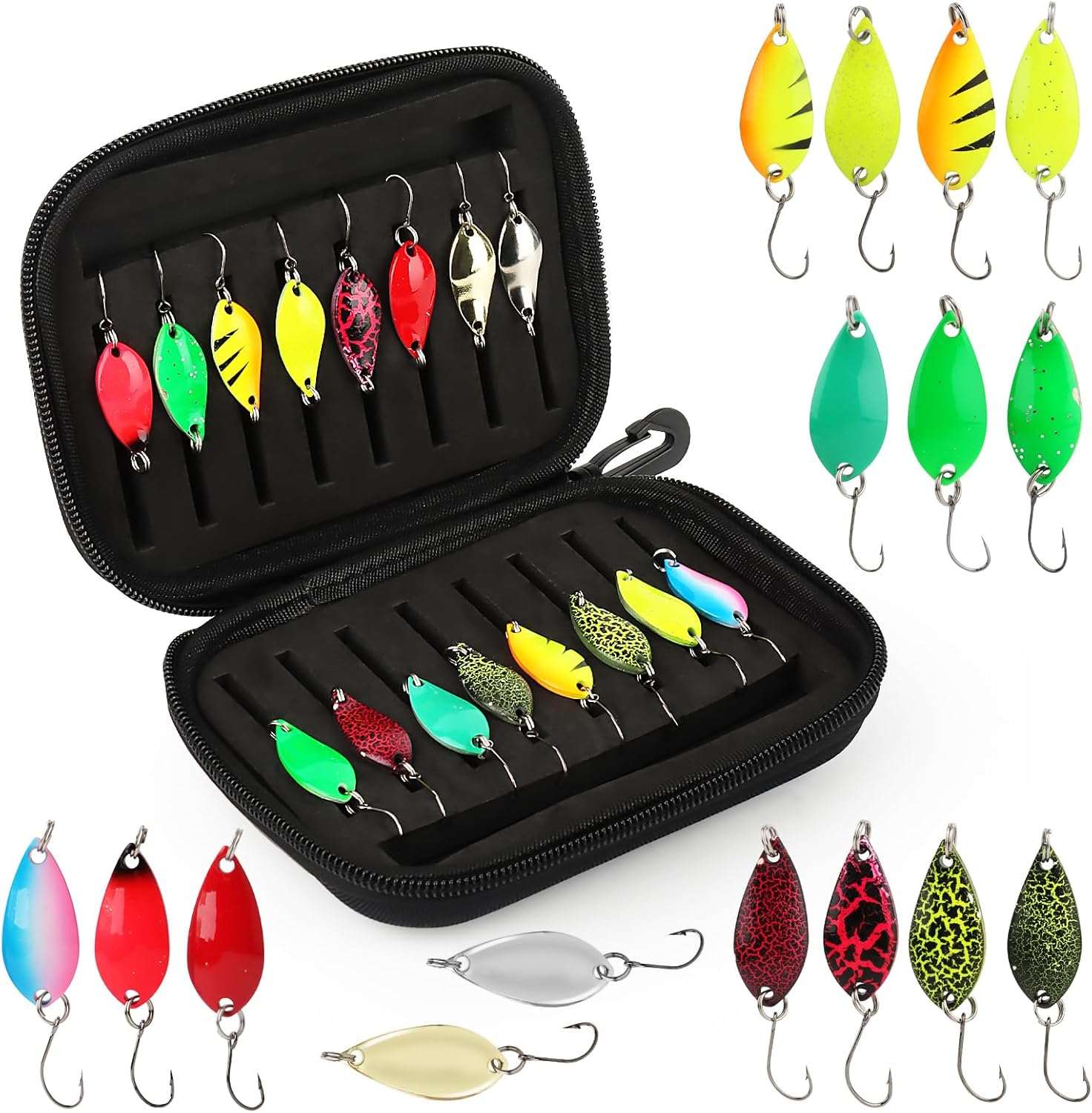 TOSAVGA Trout Spoon Set, Trout Bait, Artificial Bait, Spinner Blinker Set, Spoons Trout 2.5 g/3.5 g/5 g, Multicoloured Trout Bait, Fishing Accessories with Storage Box for Pike, Trout, Perch