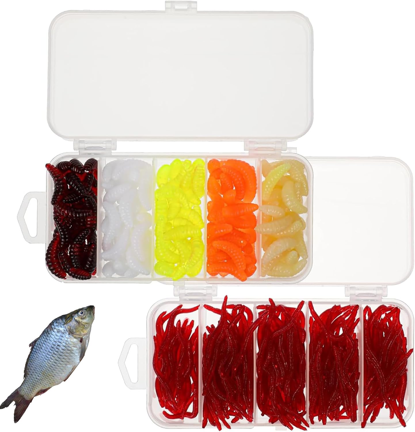 Pack of 300 fishing lures, trout bait, fishing accessories, trout bait, trout fishing, for trout crappie, bread worms in box – 100 flour worms + 200 small