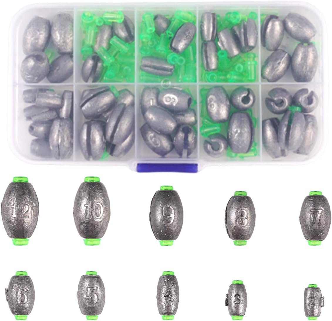 Pack of 50 Removable Fishing Weights, Oval Running Lead Fishing, Reusable Continuous Lead, Rustproof Lead Fishing for Outdoor, Deep Sea Boat Fishing (2g/3g/4g/5g/6g/7g/8g/9g/10g/12g, 10 Sizes)