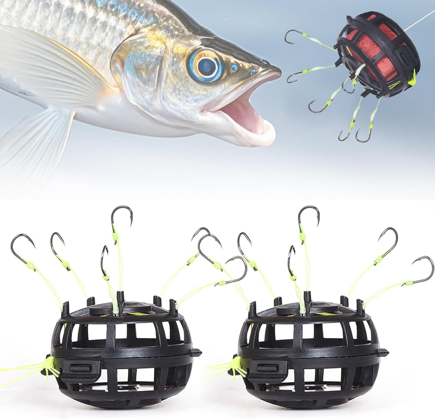 Fishing Hooks, Pack of 2 Fishing Accessories, Reverse Bottom Bait Cage, 360° Floating Bait Cage Fishing Hook, Omnidirectional Fishing Hook, Fishing Set, for Pike, Zander, Perch and Trout, Freshwater