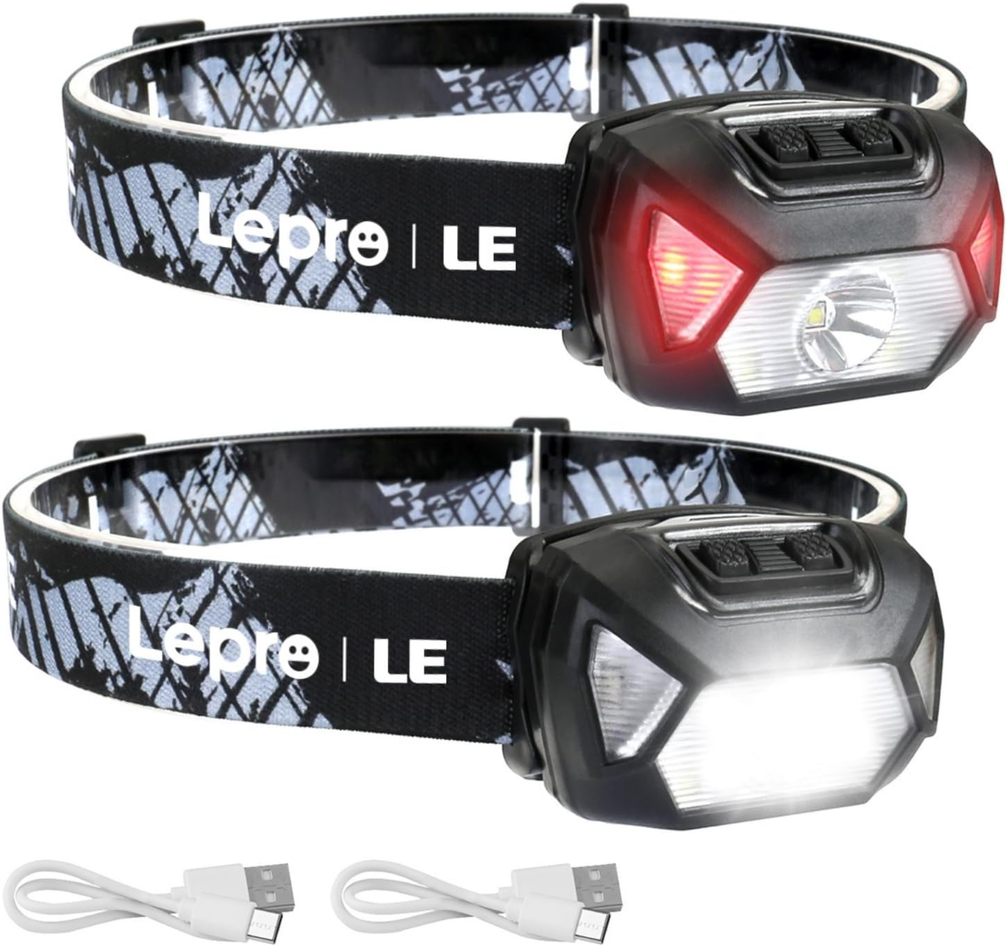 LE LED Rechargeable Headlamp, 2000 Lux Super Bright Head Torch with Red Light and 6 Light Modes, IPX4 Waterproof, Lightweight Headlamp, Ideal for Hiking, Camping, Jogging (Including USB Cable)