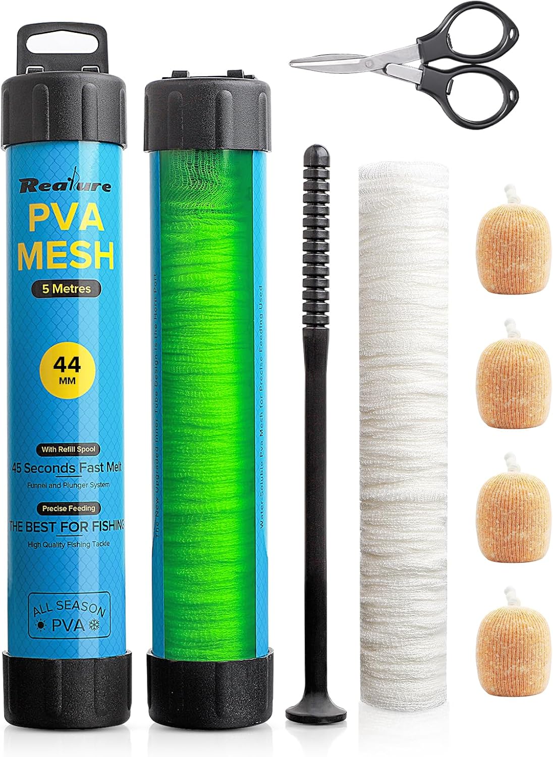 Realure 5M PVA Net Fishing Set with Scissors, 18 mm, 25 mm, 37 mm, 44 mm Wide PVA Mesh Carp Accessories with Funnel & Pestle System, Quick Melting PVA Bag Fishing PVA Bags for Boilie Bait Feed
