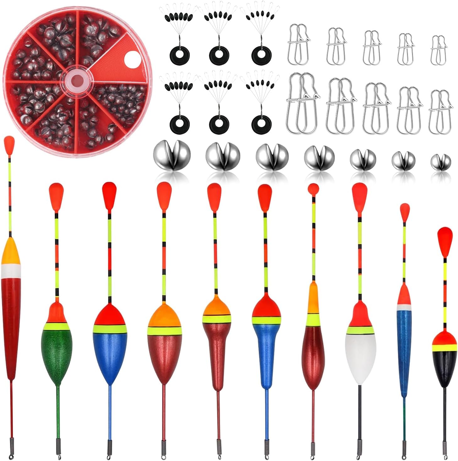 Floats Fishing Set, 10 Pieces Float Fishing, 54 Fishing Leads, 6 Rubber Stopper Fishing, 20 Swivel Fishing, Fishing Floats Fishing Accessories Set 0.6g/0.8g/1.2g/2g/2.5g/3g/4.5g Fishing Floats