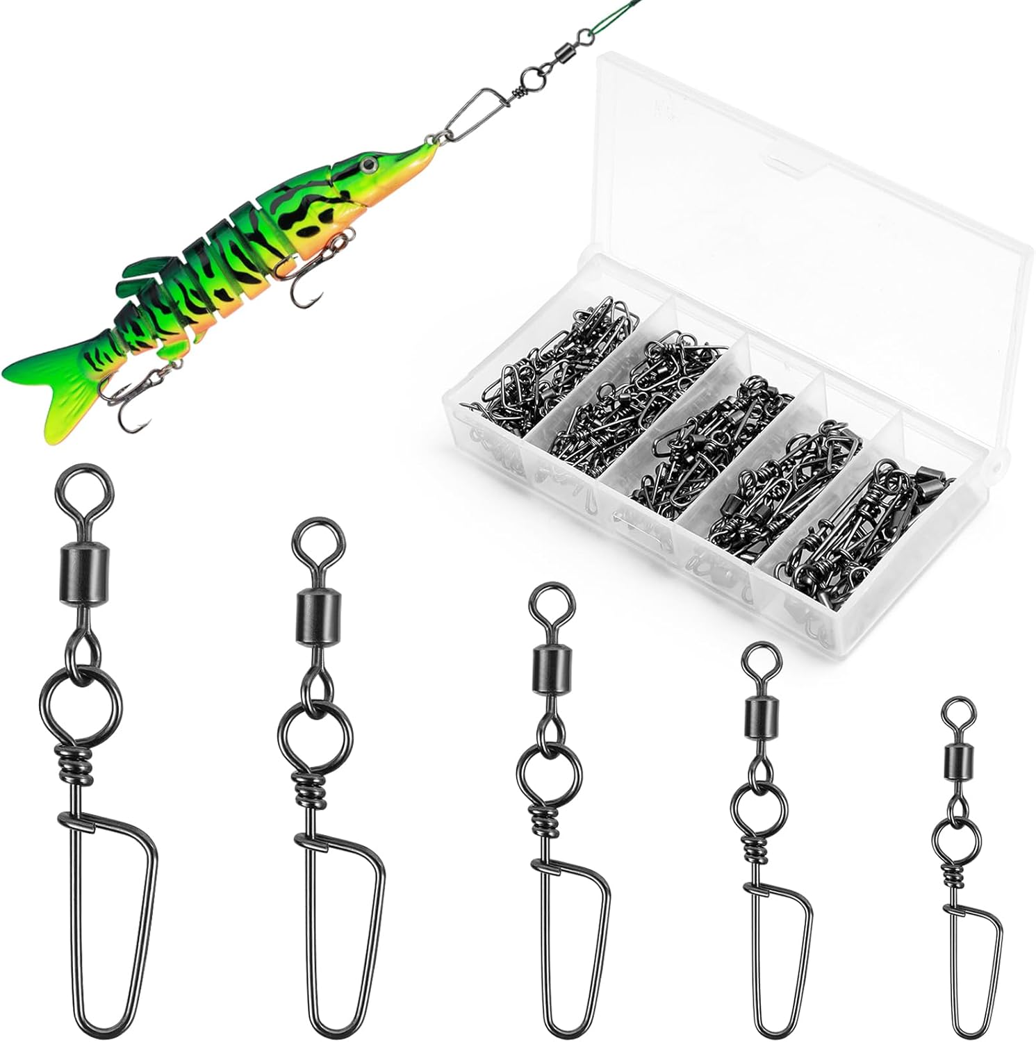 100 Pieces Snap Angel Swivels with Coastlock Snap, Stainless Steel Corrosion Resistant Swivel Fishing Set 5 Sizes 2# 4# 6# 8# 10# Ball Bearing Fishing Swivels for Freshwater and Saltwater