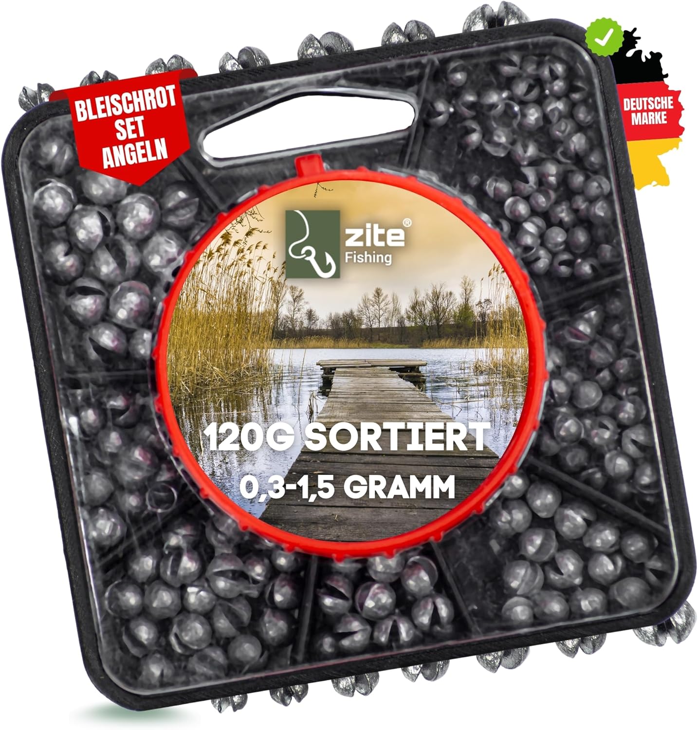 Zite Fishing Lead Shot Assortment 120 g – Shotlead for Fishing in Dispenser Tin – Fishing Lead Set for Clamping for Float Mounts and More