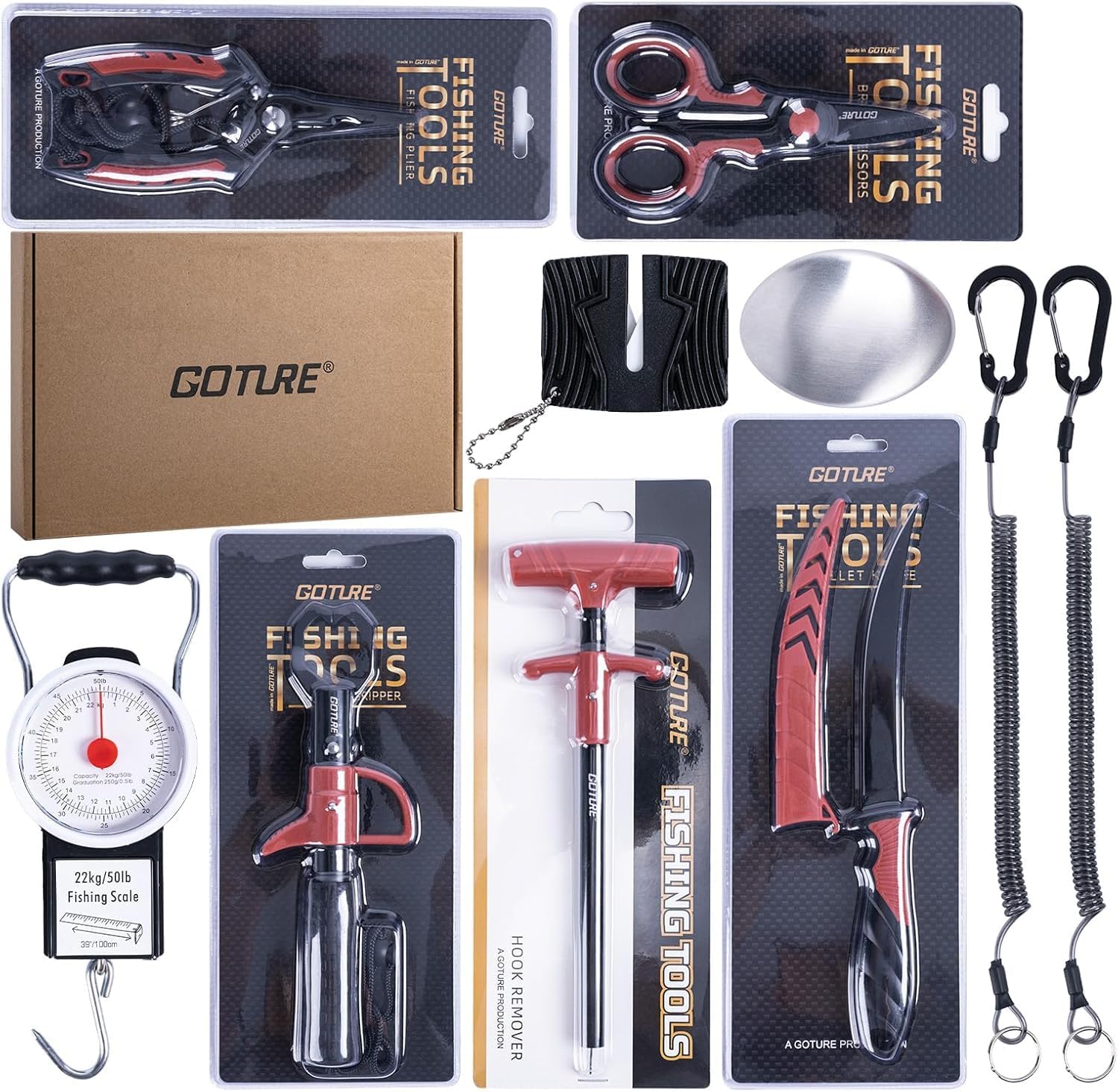 Goture Pro Fishing Set and Tool Set – 3CR13 Steel Fishing Pliers Filleting Knife Sharpener Scissors Fish Lip Gripper Hook Remover Lanyards Scales Knot Puller Gifts for Fishermen